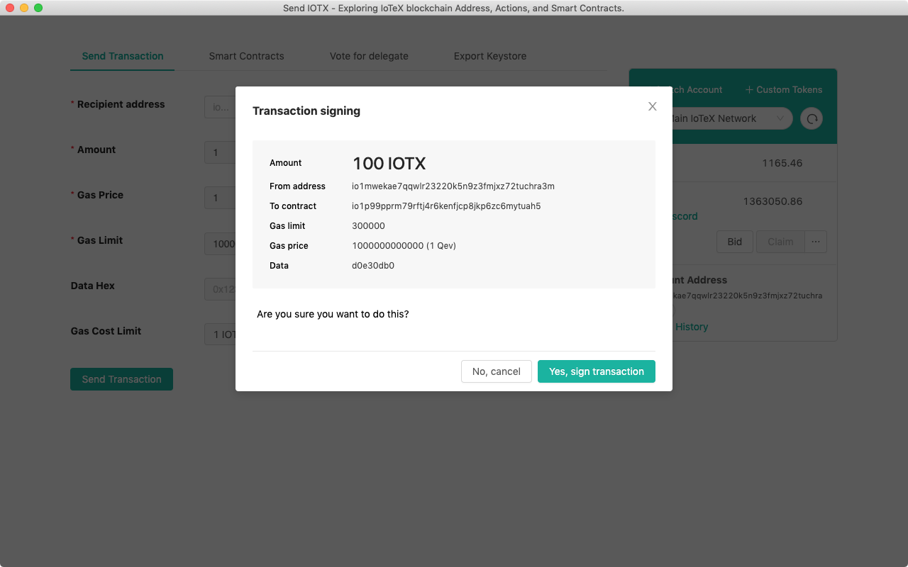 The wallet app showing the Send Transaction form, a transaction signing dialog, and the account panel with the IoTeX network selector.