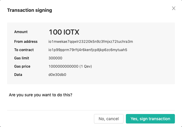 Transaction signing dialog listing amount, from address, to contract, gas limit, gas price and data, with No cancel and Yes sign transaction buttons.